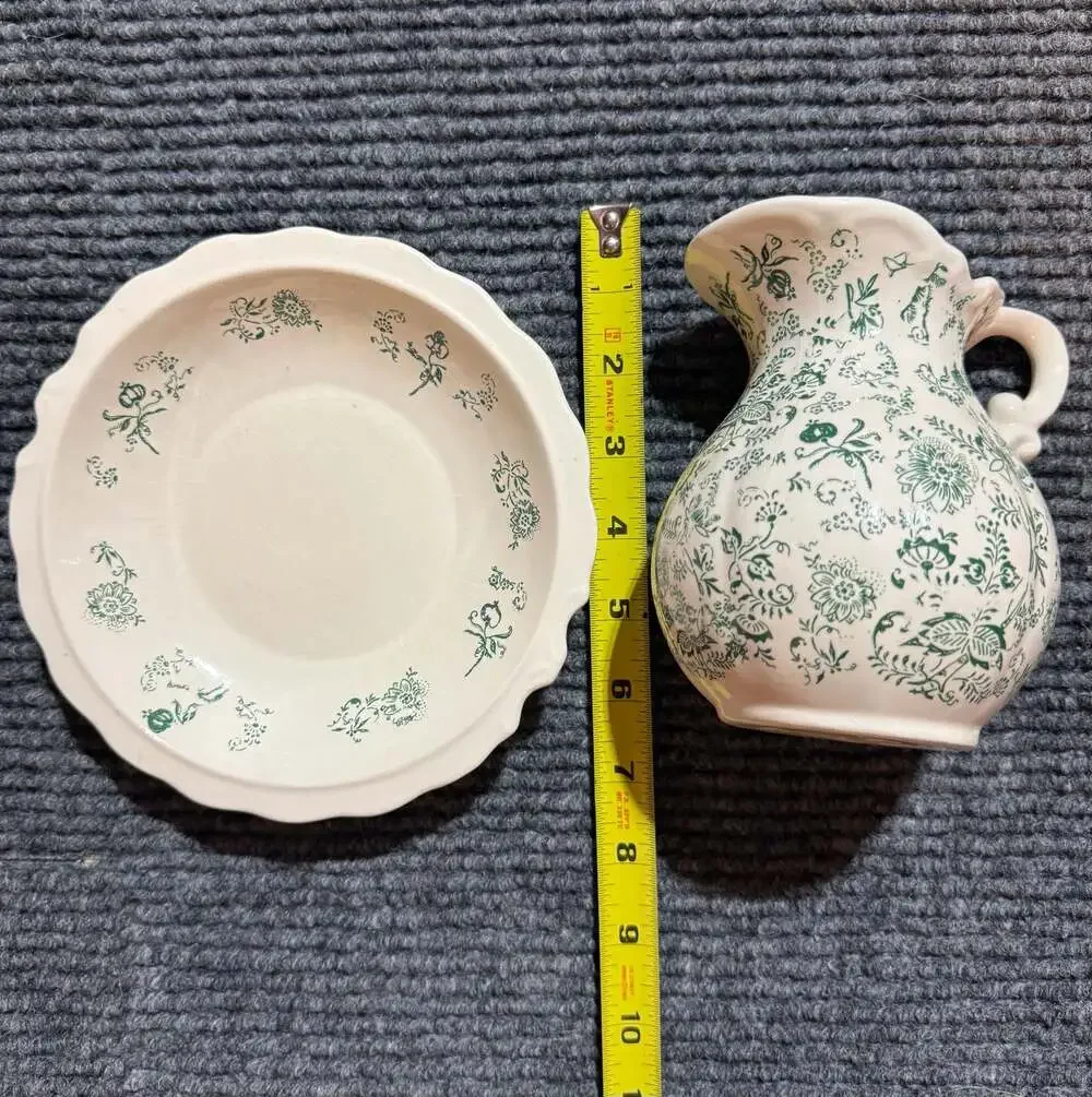 Vintage 1981 Ceramic Creamer Pitcher and Saucer Set with Green Floral Transferwa